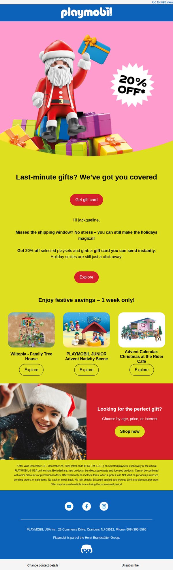 6. Playmobil : ⏰ Too late to ship? Send a gift card + save 20%! 🎁
