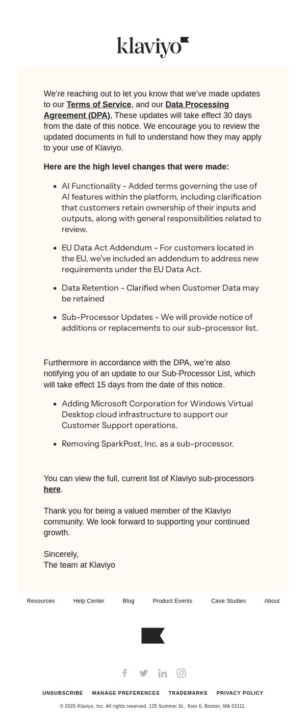 8. Updates to Klaviyo Terms of Service, DPA, and Subprocessors