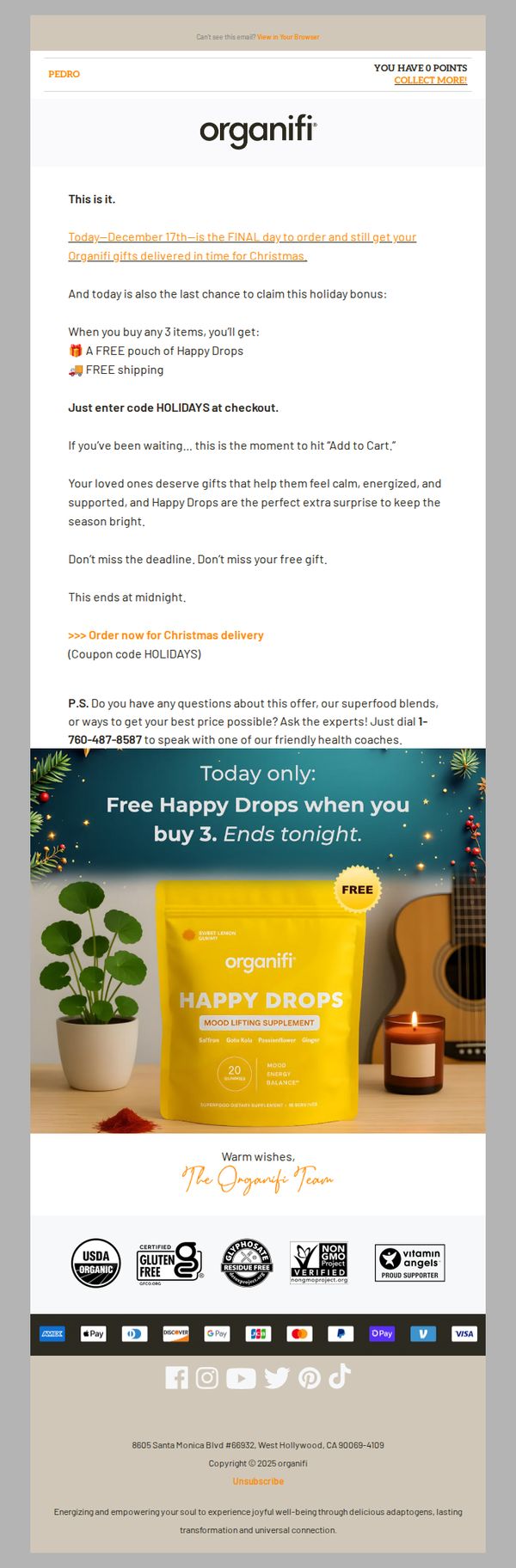 8. Organifi: Free 30 day supply of happy drops, free shipping w/ any 3 orders