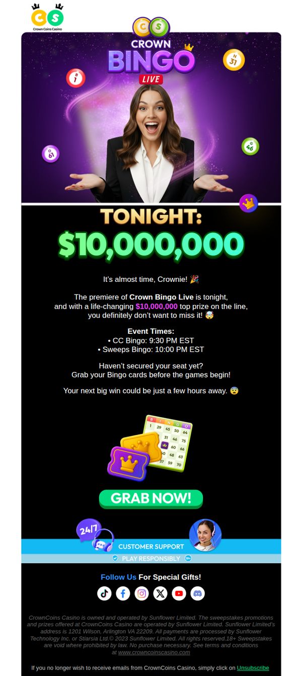 10. CrownCoins Casino: Tonight: $10,000,000 Top Prize! 🤯