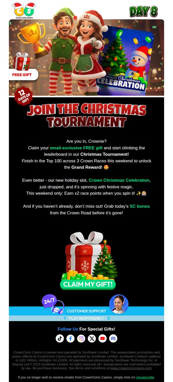 10. CrownCoins Casino: Exclusive FREE Gift Inside - Join the Holiday Fun! 🎁🎅