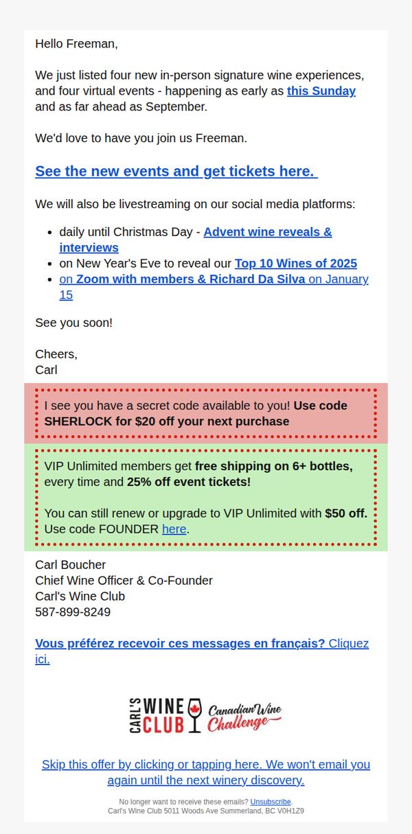 10. Carl's Wine Club : NEW events just listed! Eight of them...
