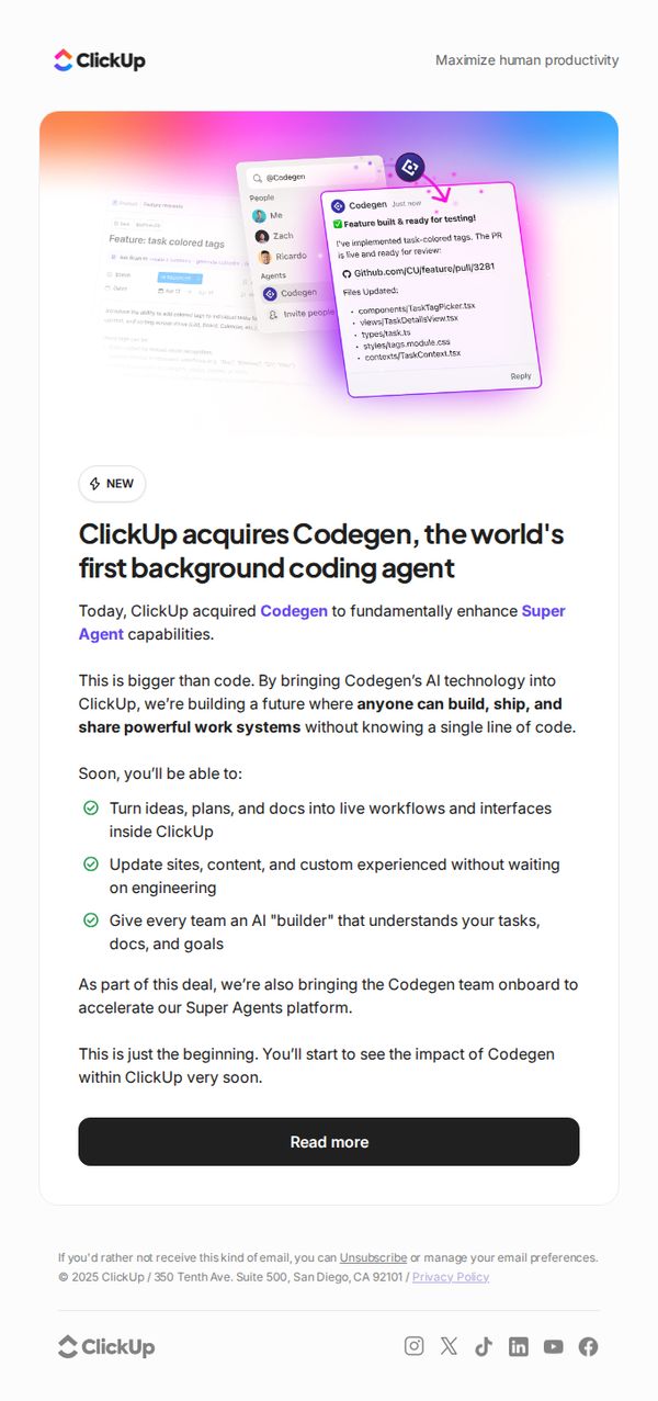 6. Codegen is joining ClickUp → Accelerating Super Agent capabilities 