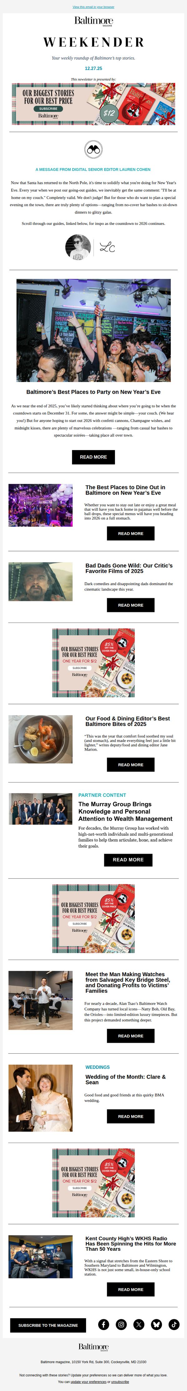 10. Baltimore's Best Places to Party on New Year's Eve 🎆, New Year's Eve Dining Guide 🥂, + More of This Week's Top Stories