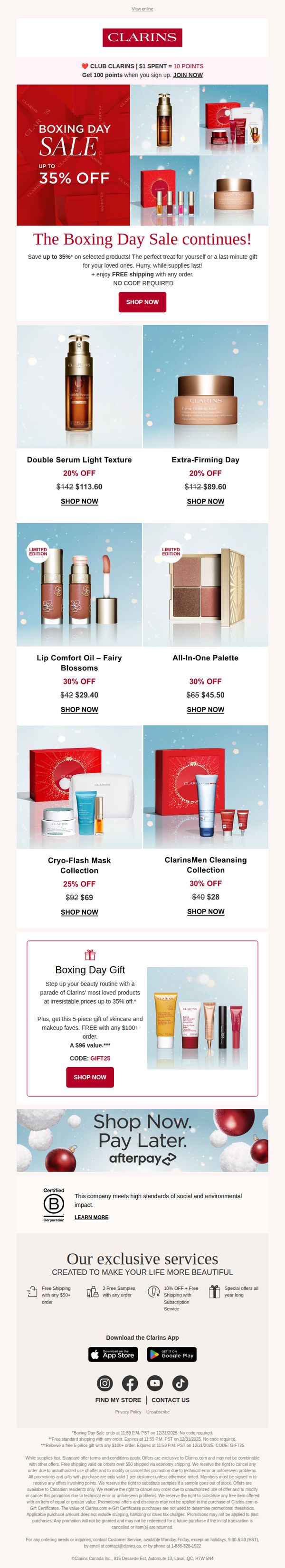 7. Clarins - CA: Boxing Day—Up to 35% off