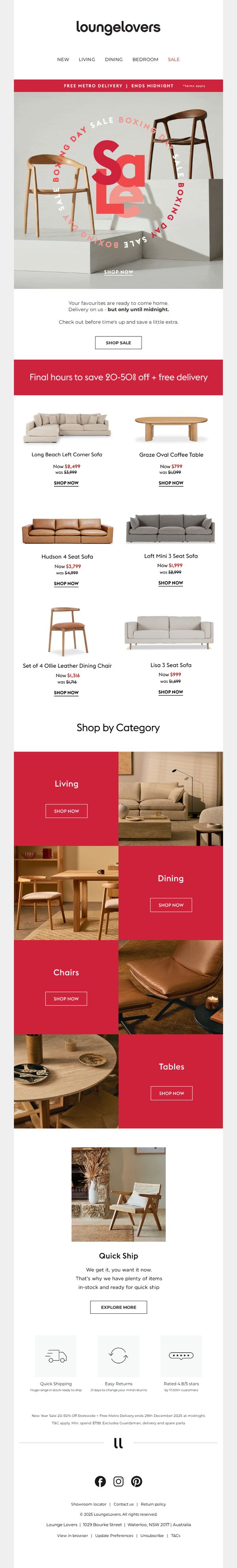 7. Lounge Lovers : Your Boxing Day treat: FREE DELIVERY ends tonight