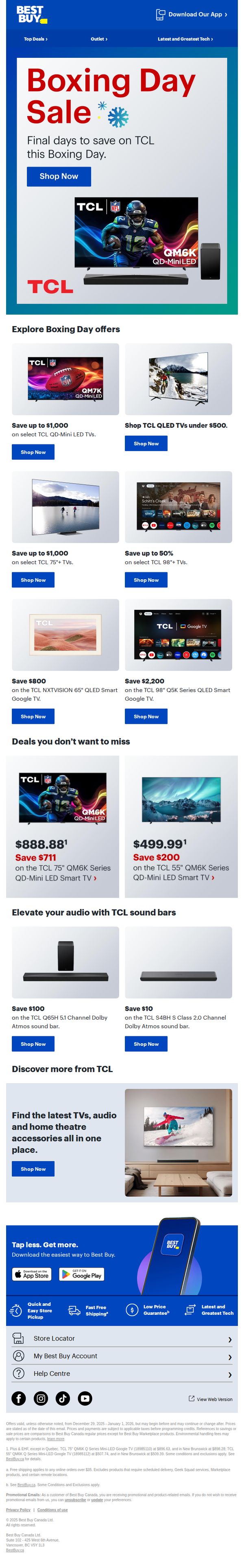 9. Best Buy - CA: Snag TCL TVs and sound bars at Boxing Day prices.