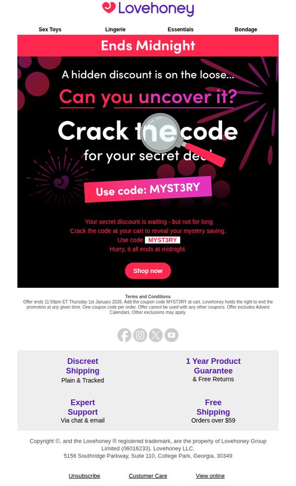 8. Lovehoney: It's 2026! Crack your MYSTERY saving 🔓