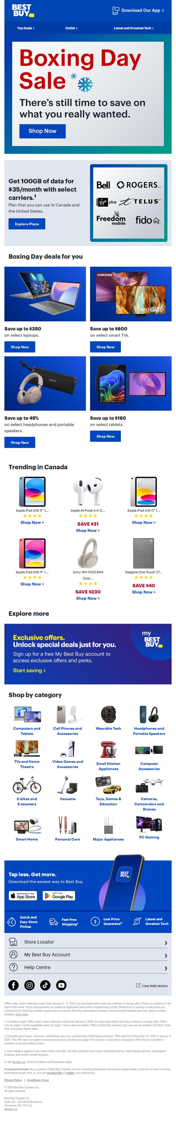 6. Best Buy - CA: Boxing Day extended:  Save up to $350 on select laptops.