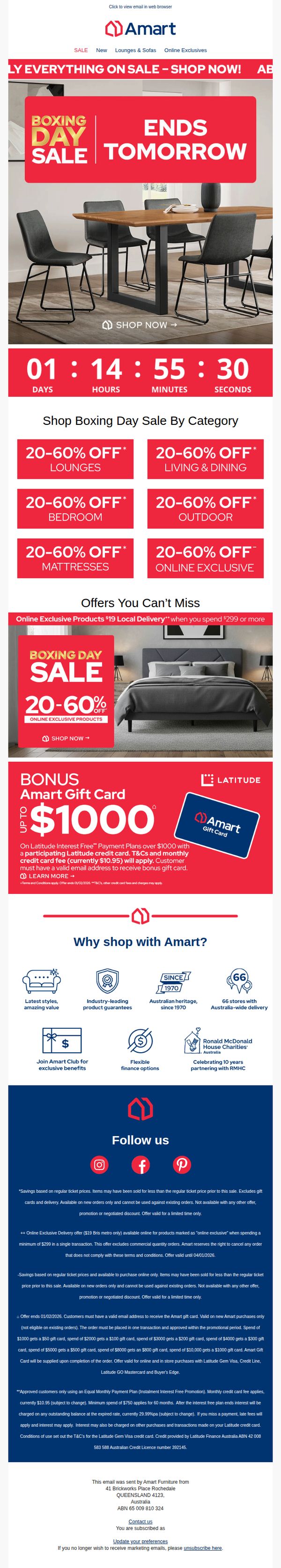 10. Amart Furniture : ATTN: Boxing Day Sale Ends Tomorrow! ⏰