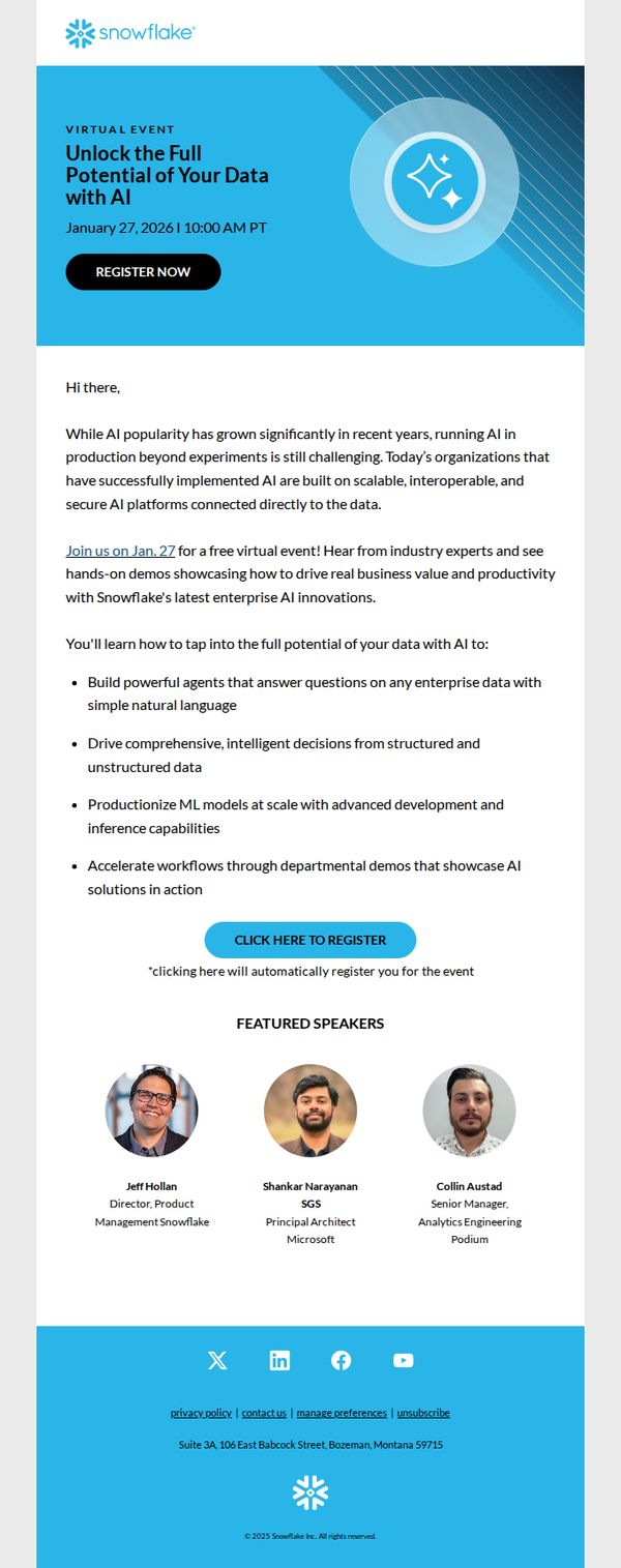 9. Snowflake: Virtual Event: Unlock the Full Potential of Your Data with AI