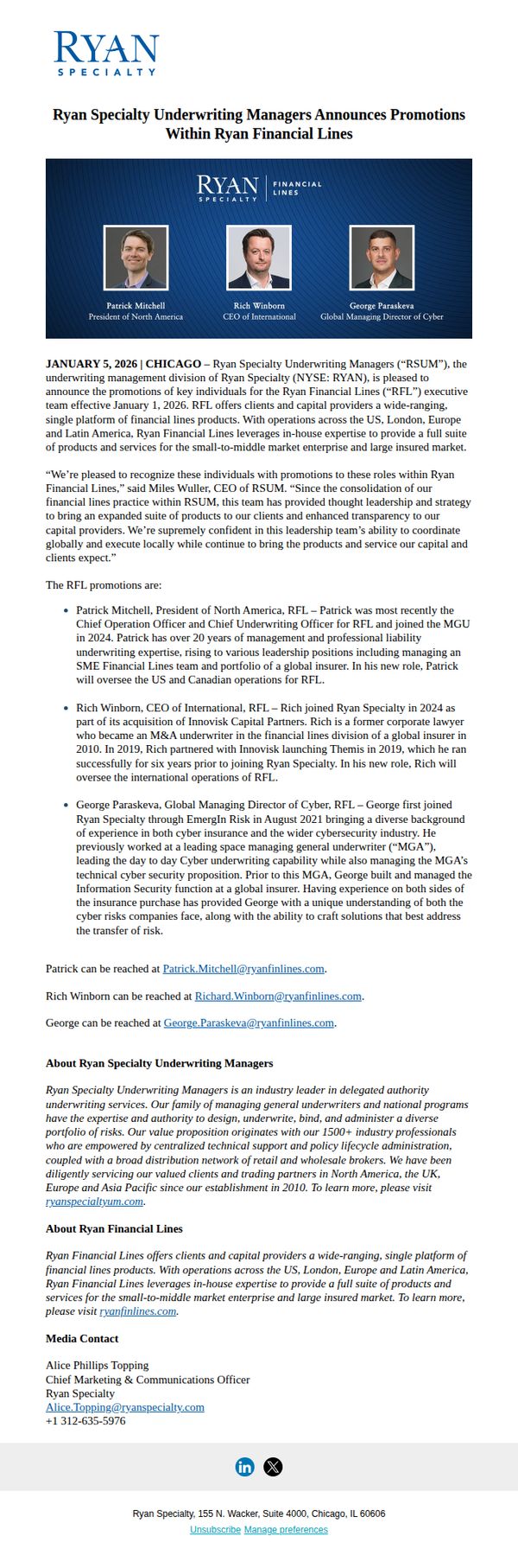 8. RT Specialty: Ryan Specialty Underwriting Managers Announces Promotions Within Ryan Financial Lines