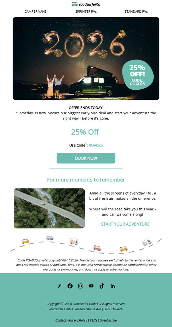 7. roadsurfer - UK: ⌛ Ends today: 25% off to kick off the New Year!