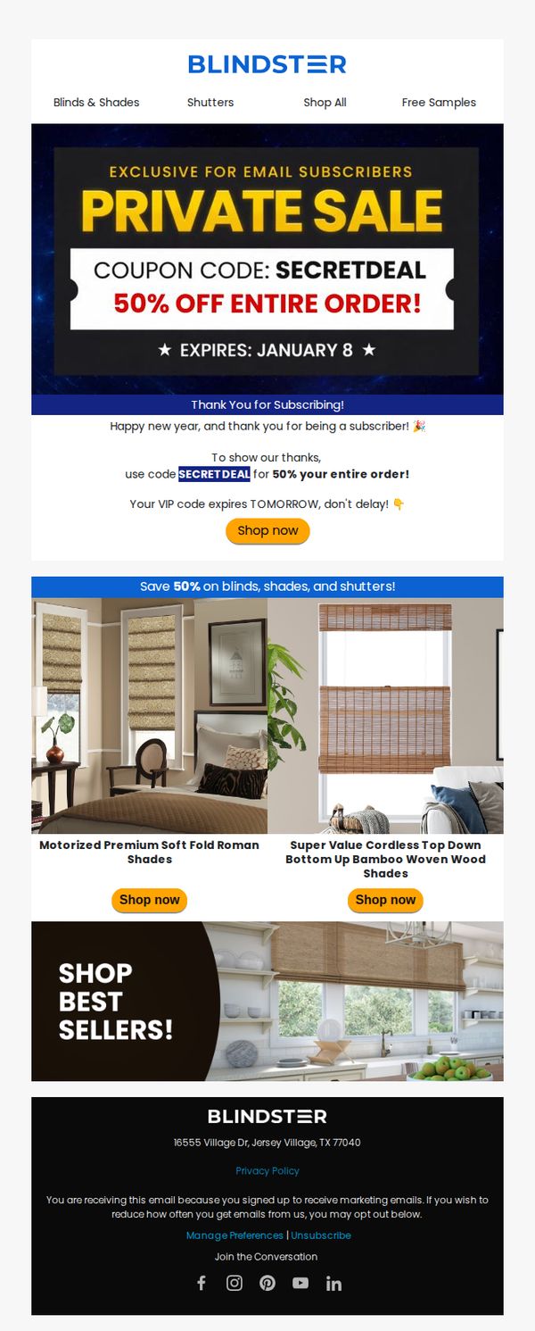 6. Blindster: 🚨50% OFF CODE for Custom Window Coverings!