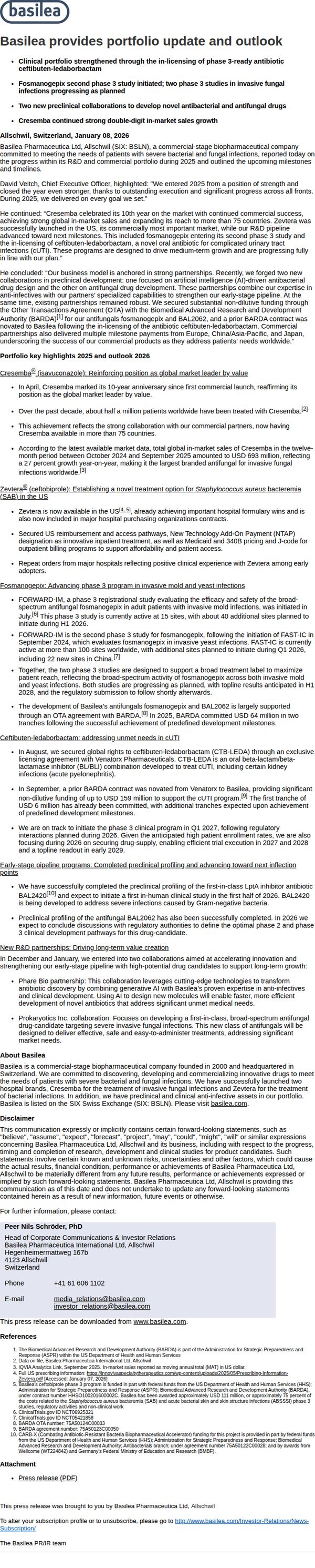 6. Basilea Pharmaceutica: Basilea provides portfolio update and outlook