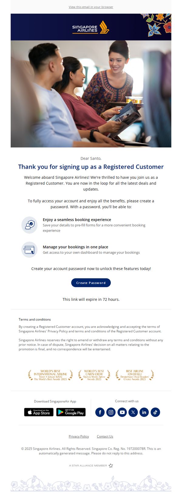 10. Singapore Airlines: You have successfully enrolled as a Registered Customer