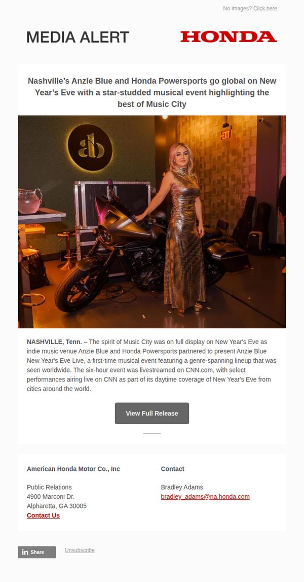 7. Honda News - US: Nashville’s Anzie Blue and Honda Powersports go global on New Year’s Eve with a star-studded musical event highlighting the best of Music City