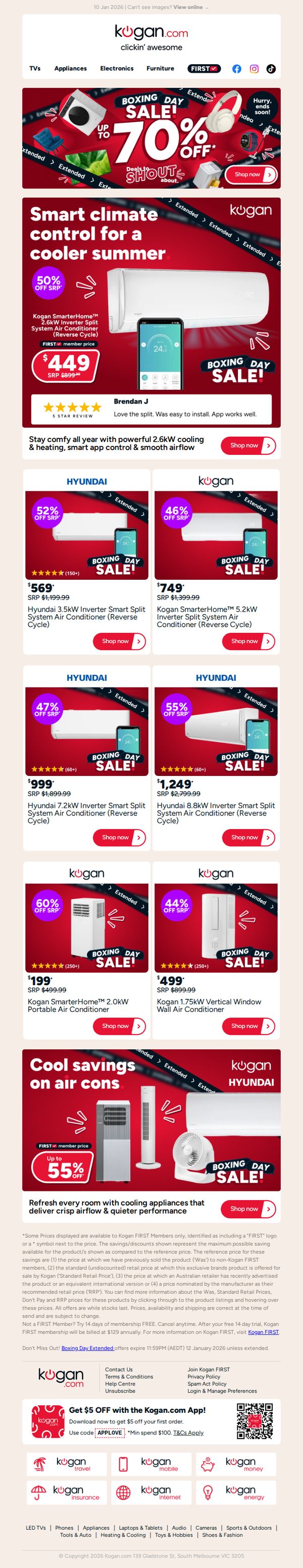 6. Kogan.com: Boxing Day deal 🔥 2.6kW Split System Air Con ONLY $449 (50% OFF standard retail price)