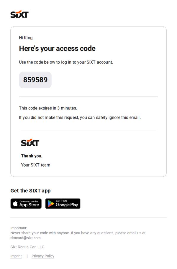 7. Your SIXT access code: 859589