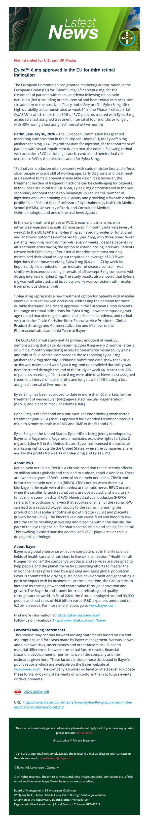 7. Bayer : Eylea™ 8 mg approved in the EU for third retinal indication