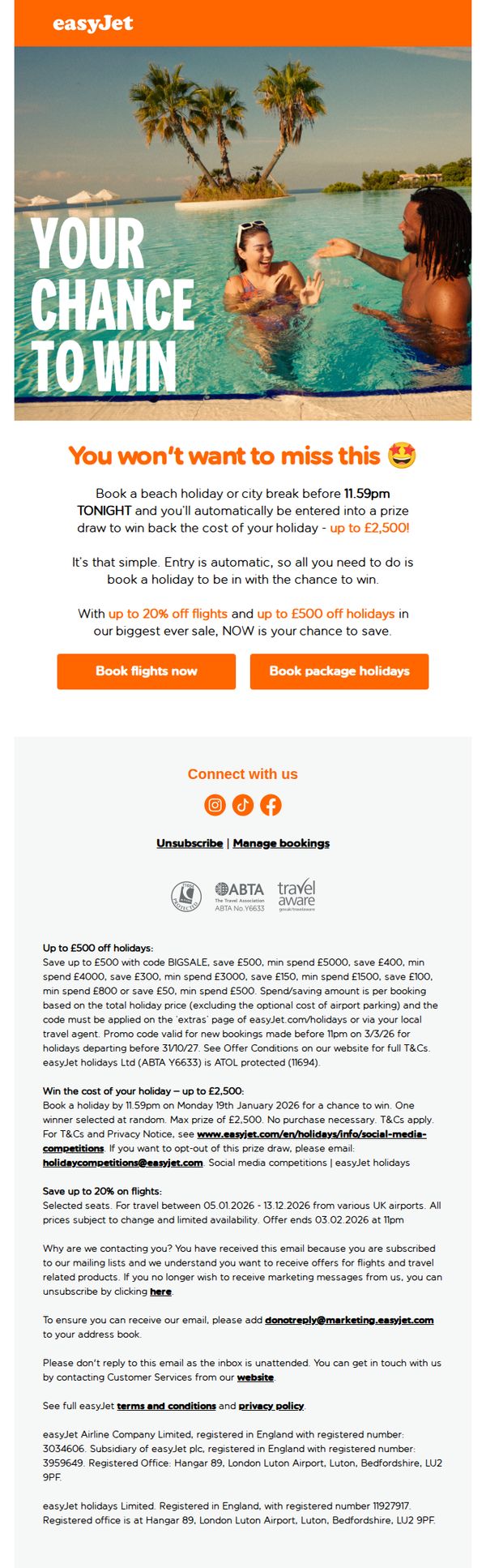 8. easyJet: TODAY ONLY: Your chance to win back the cost of your holiday - up to £2,500!🤩
