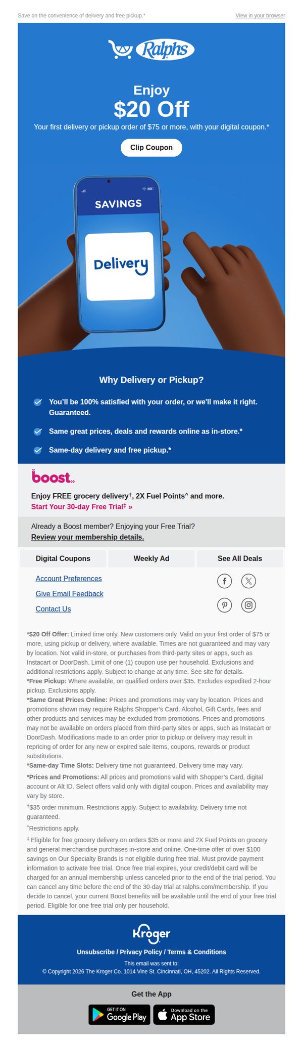 8. Ralphs Grocery: $20 Off Your First Delivery or Pickup Order*