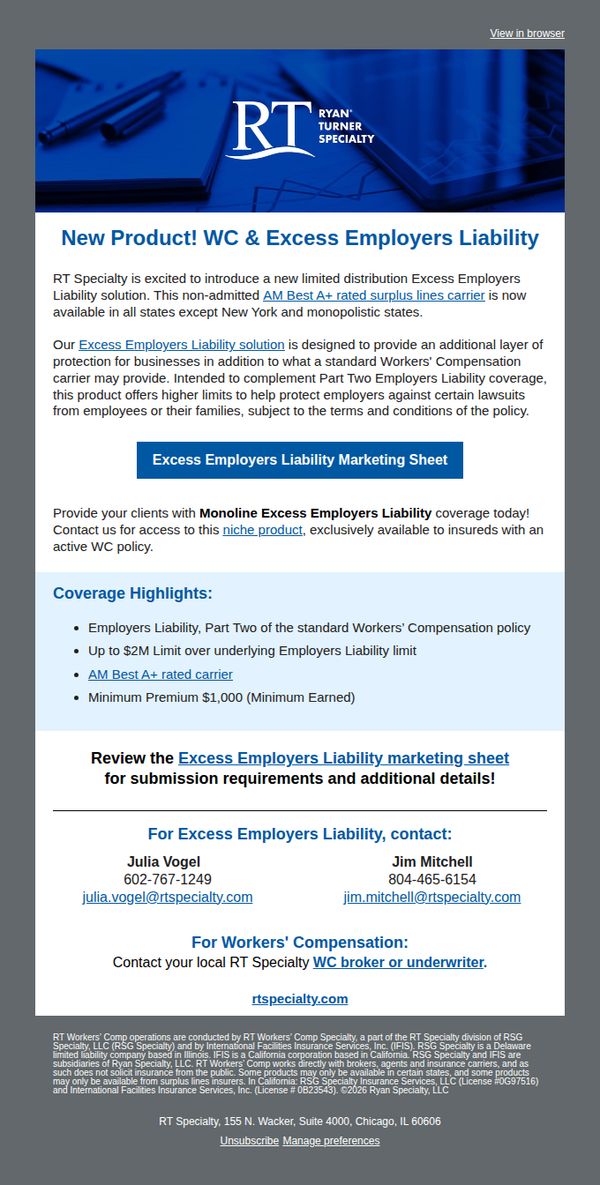 10. RT Specialty: ✔️ New Product! Excess Employers Liability Coverage