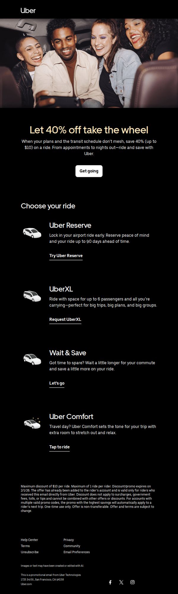 9. Head out with 40% off your ride