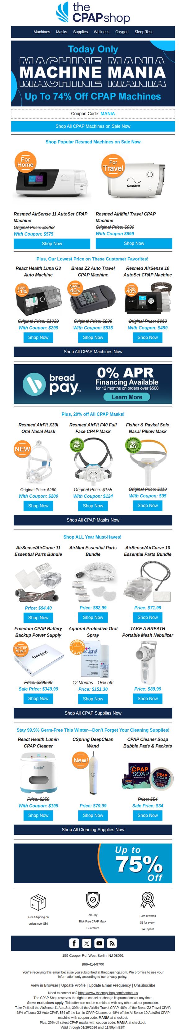 7. The CPAP Shop: CPAP Mania Ends Soon! ⏳ Machines Under $300 + 20% Off ALL Masks (Code: MANIA)