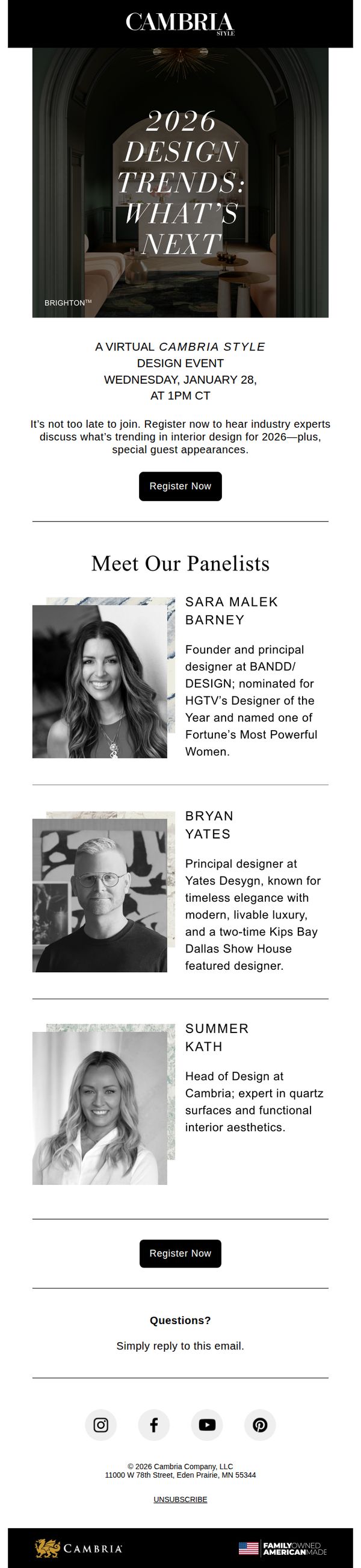 10. Cambria: Final day to register: 2026 design trends event
