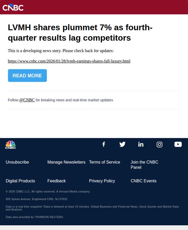 6. CNBC Europe: LVMH shares plummet 7% as fourth-quarter results lag competitors