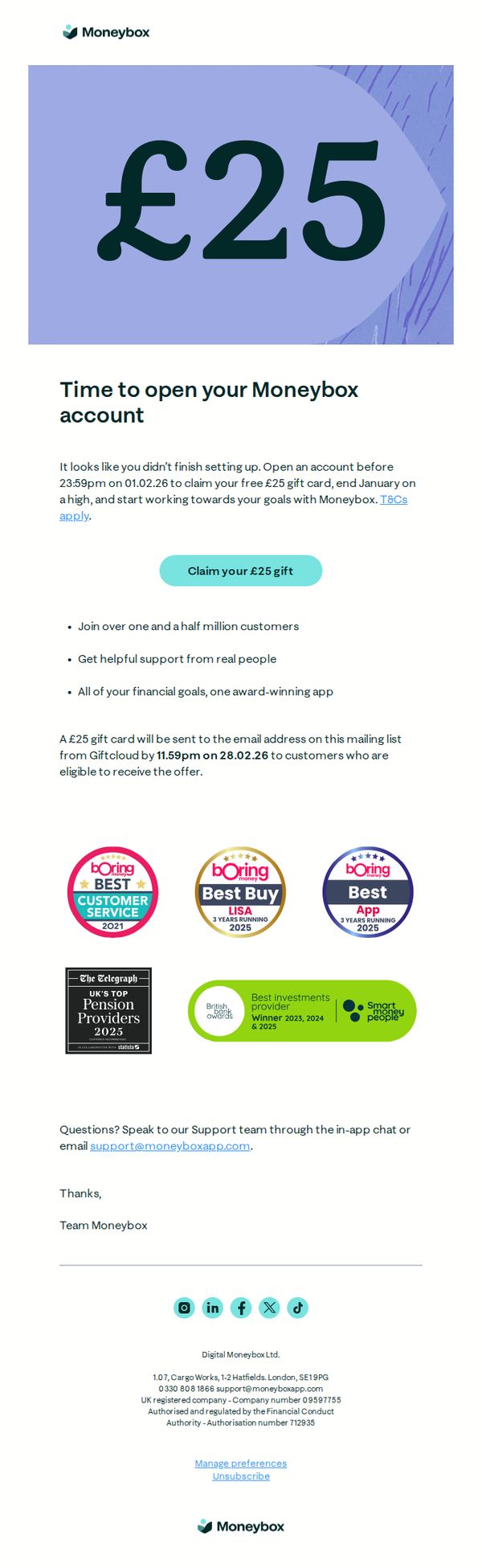 9. Moneybox: Claim your free £25 gift card 