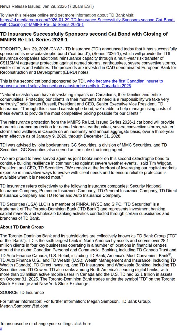 9. TD Insurance Successfully Sponsors second Cat Bond with Closing of MMIFS Re Ltd. Series 2026-1