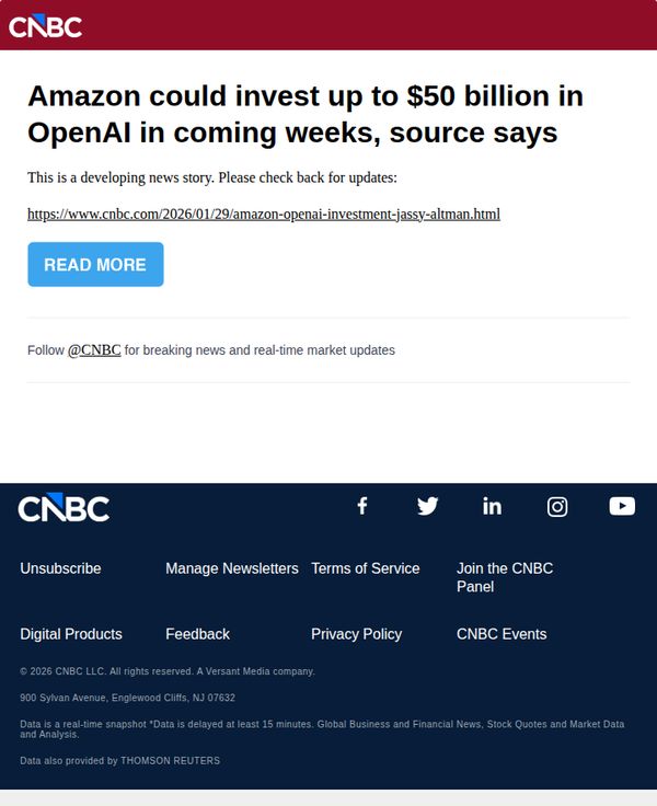 8. Amazon could invest up to $50 billion in OpenAI in coming weeks, source says