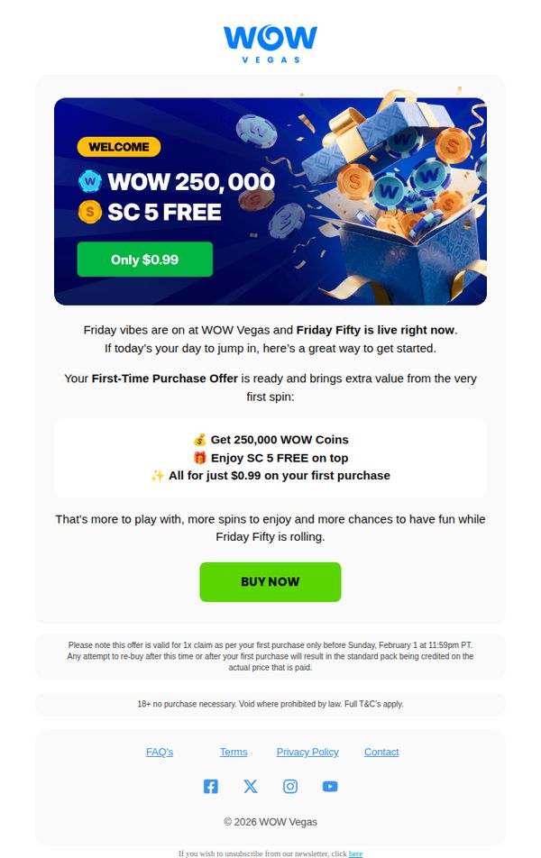6. WOW Vegas: Your First WOW Deal: $0.99, 400% EXTRA Coins
