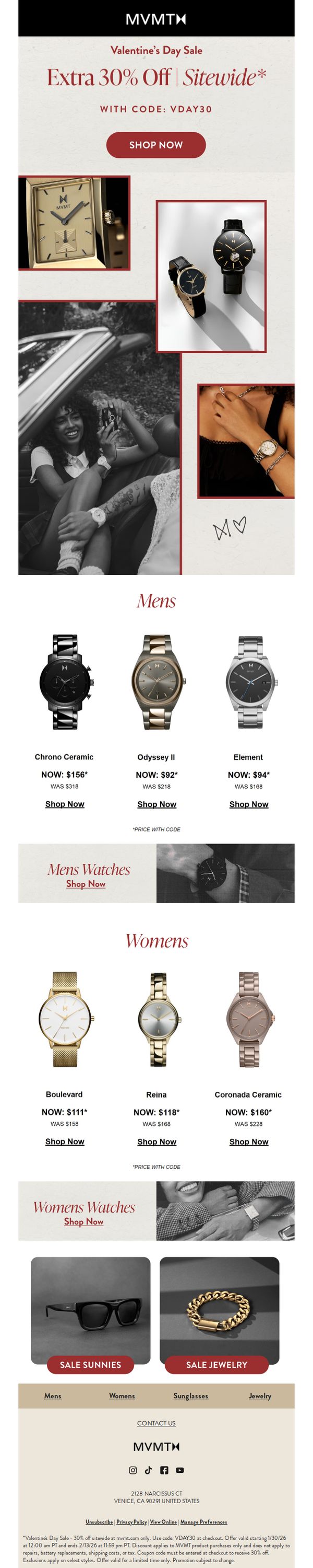6. MVMT Watches: Extra 30% off for Valentine's Day is ON!