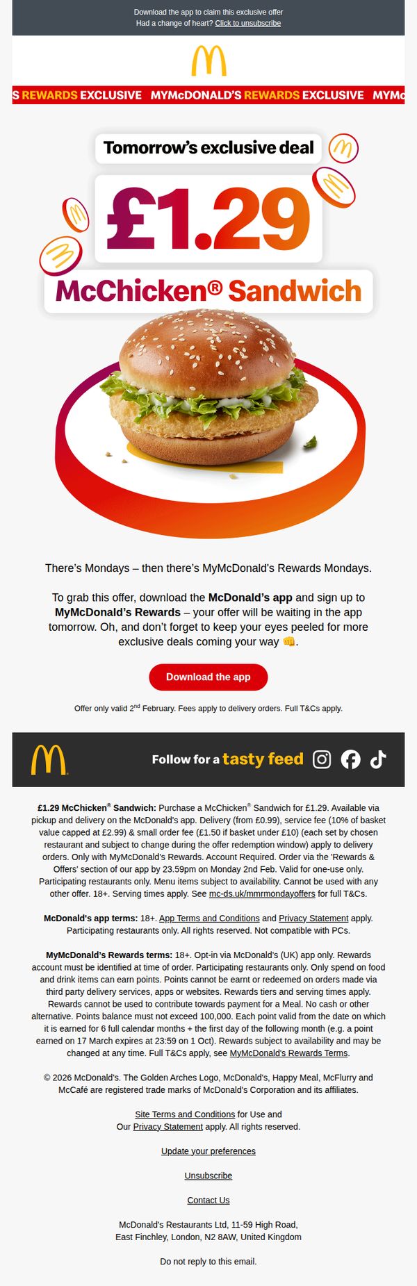 9. Monday only – £1.29 McChicken® sandwich!