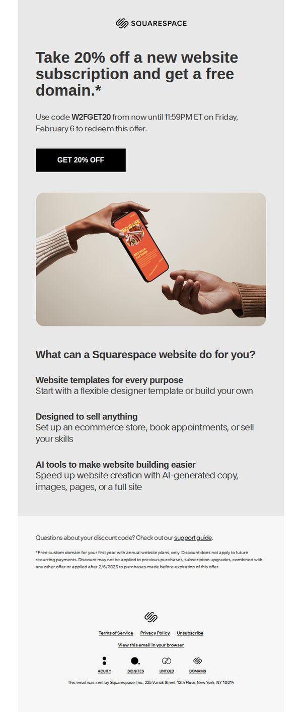6. Get 20% off your website and a free domain