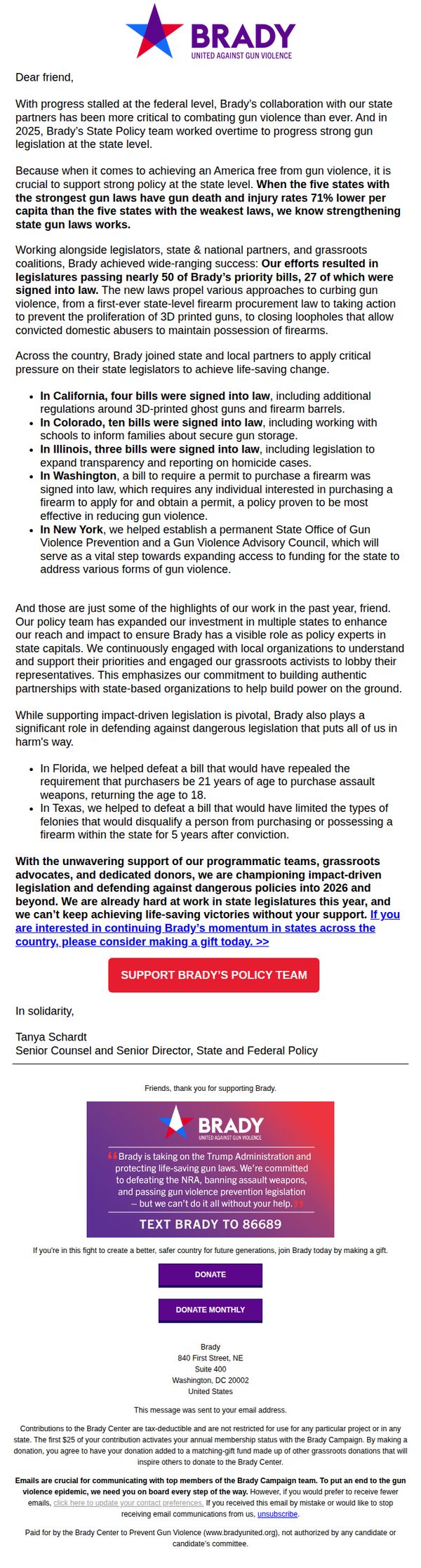 9. The life-saving legislation you helped Brady champion in 2025