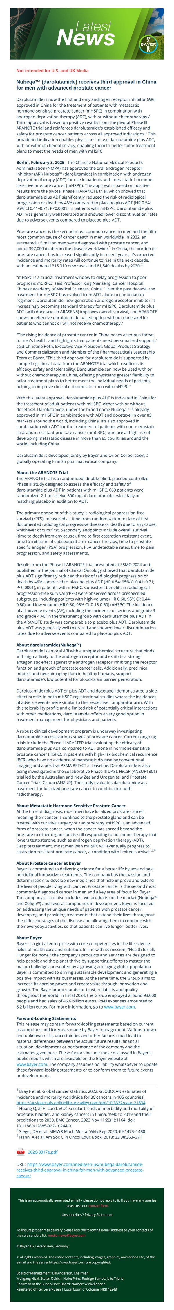 10. Nubeqa™ (darolutamide) receives third approval in China for men with advanced prostate cancer