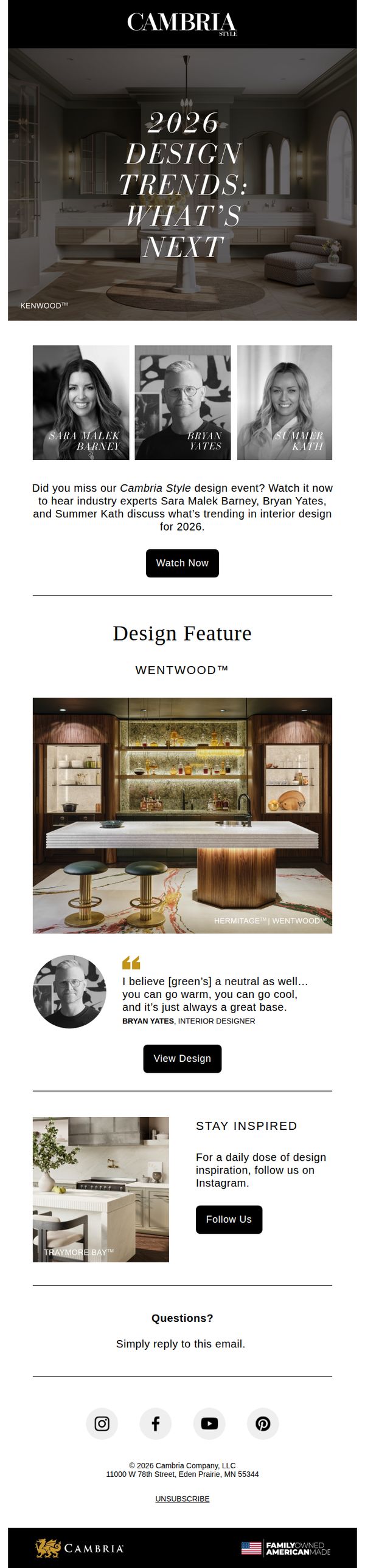 7. Cambria: Watch now: 2026 design trends