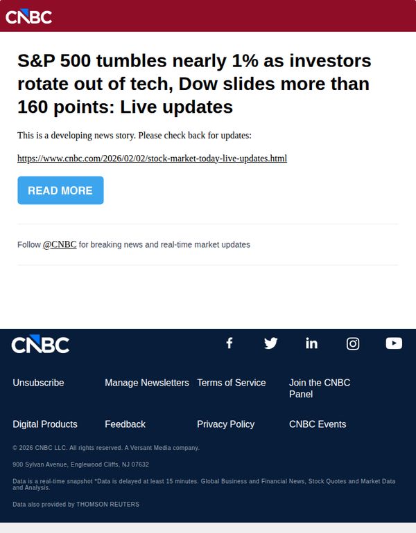 7. CNBC Europe: S&P 500 tumbles nearly 1% as investors rotate out of tech, Dow slides more than 160 points: Live updates