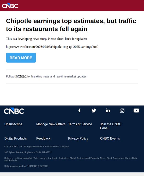 10. CNBC Europe: Chipotle earnings top estimates, but traffic to its restaurants fell again