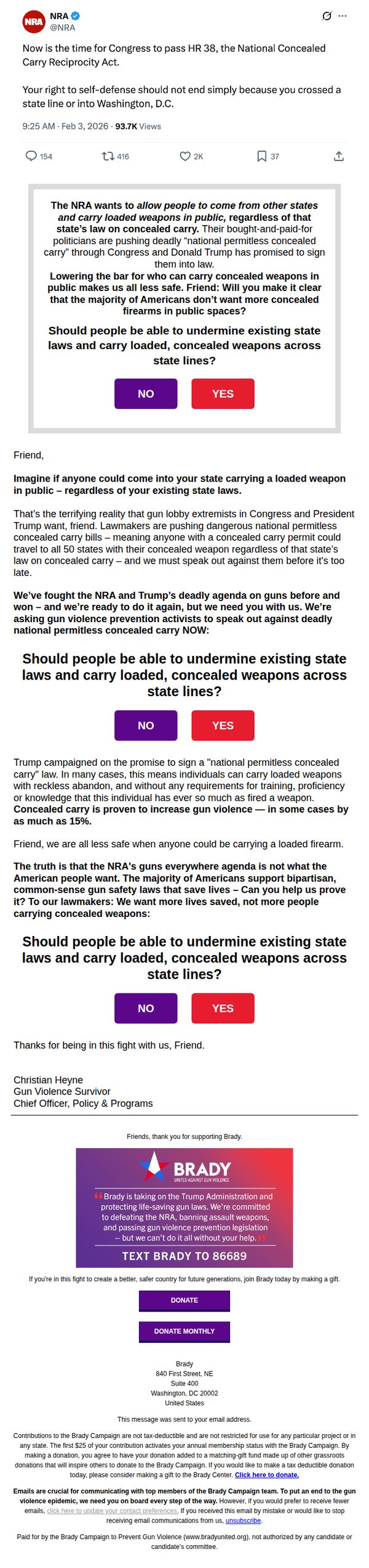 7. Brady : The NRA wants guns everywhere.