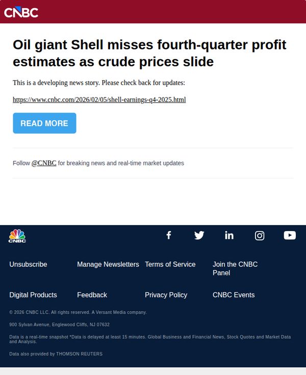 6. CNBC Europe: Oil giant Shell misses fourth-quarter profit estimates as crude prices slide
