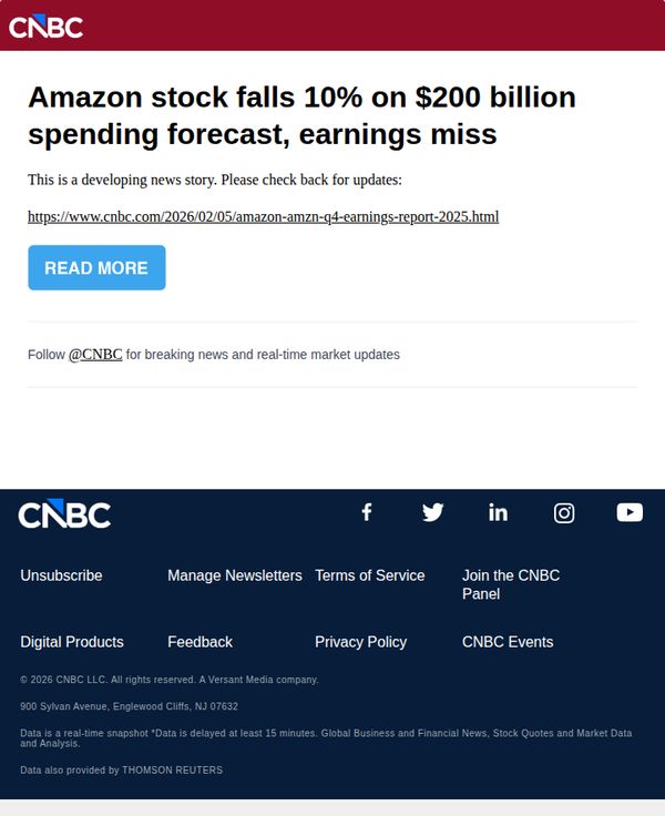 7. Amazon stock falls 10% on $200 billion spending forecast, earnings miss