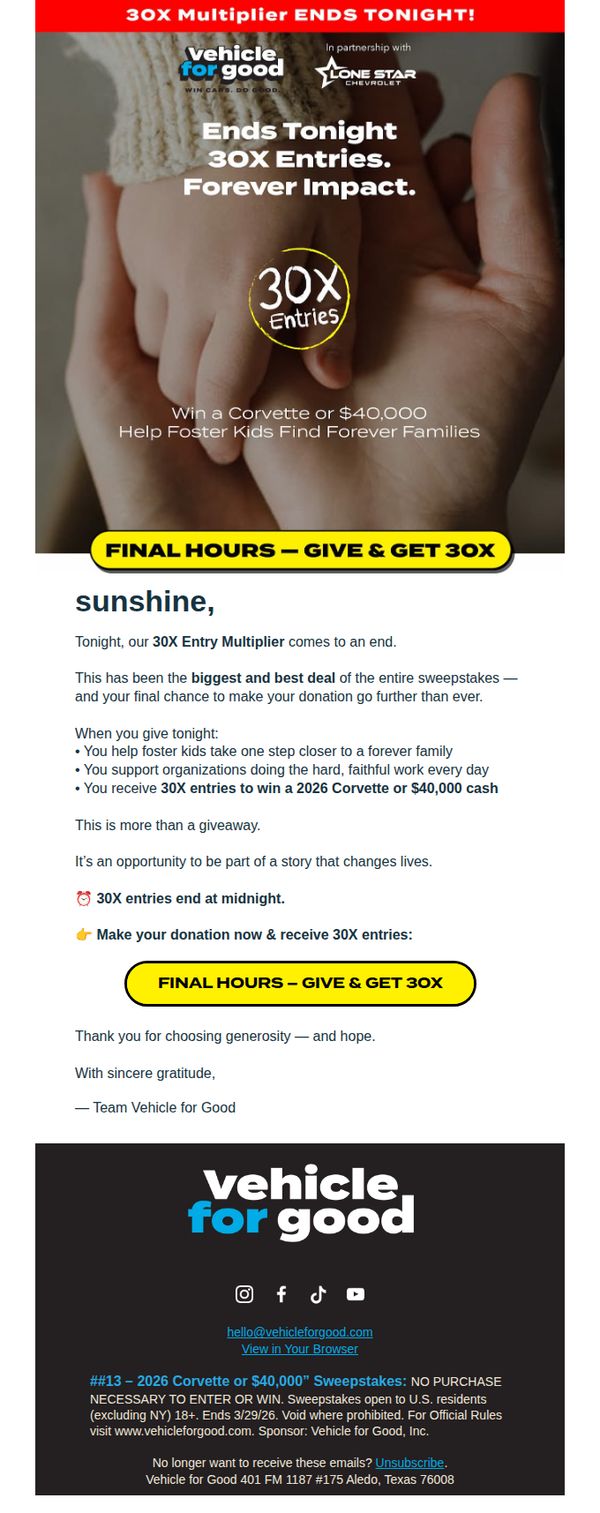 7. ❤️ Ending Tonight: 30X Entries for Foster Kids
