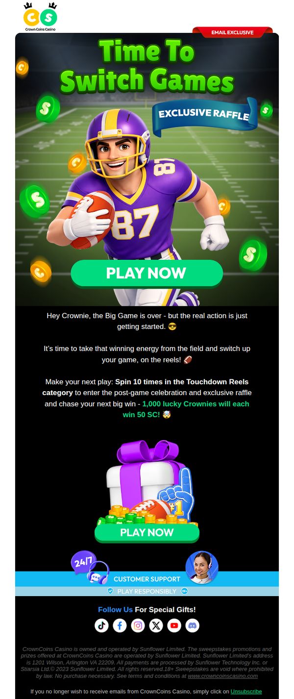 8. CrownCoins Casino: Big Game’s Over. Big Wins Begin. 🤩
