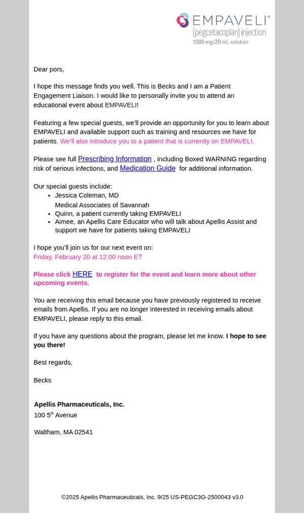 7. EMPAVELI: Invitation to an Apellis program on Friday, February 20 at 12:00 noon ET