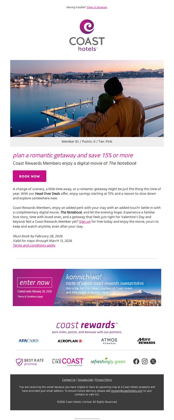 7. Coast Hotels: Plan a romantic getaway and save 15% or more